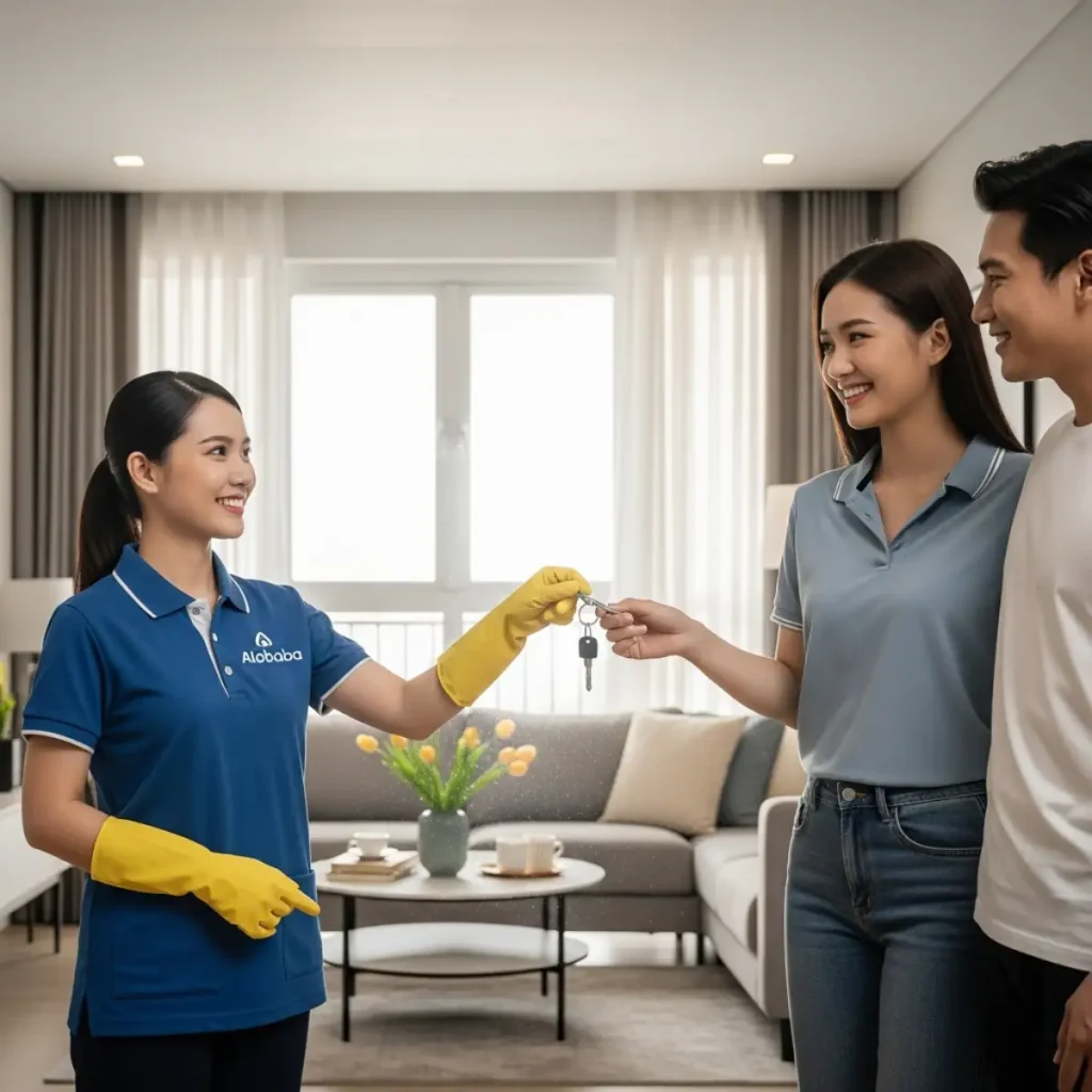 Khách hàng hài lòng khi nhận bàn giao căn hộ sau khi vệ sinh chuyên sâu