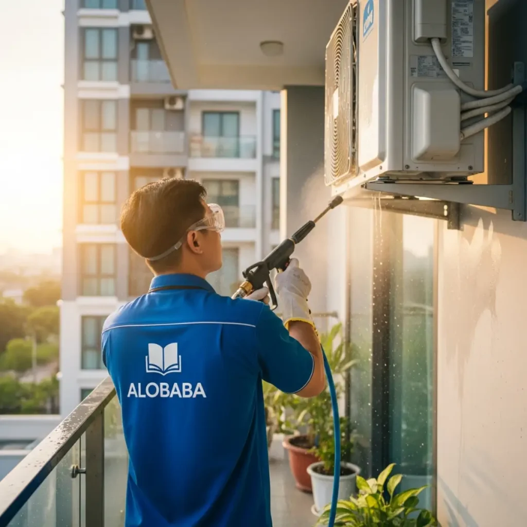 Kỹ thuật viên ALOBABA vệ sinh dàn nóng máy lạnh bằng vòi xịt áp lực cao