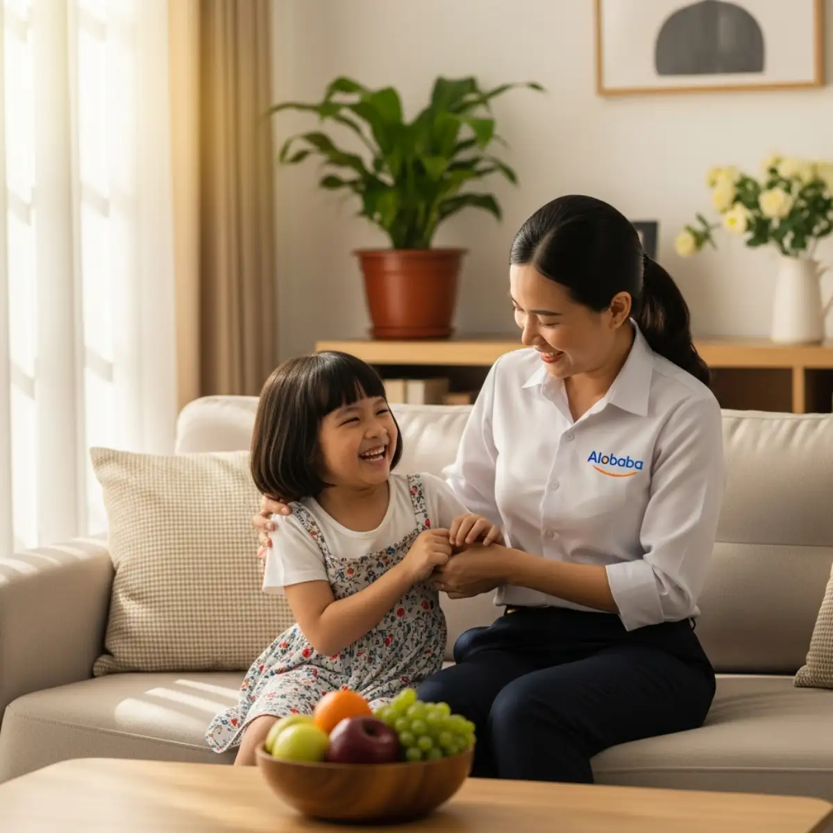 Gia đình hạnh phúc tận hưởng không gian sạch sẽ sau khi giặt sofa