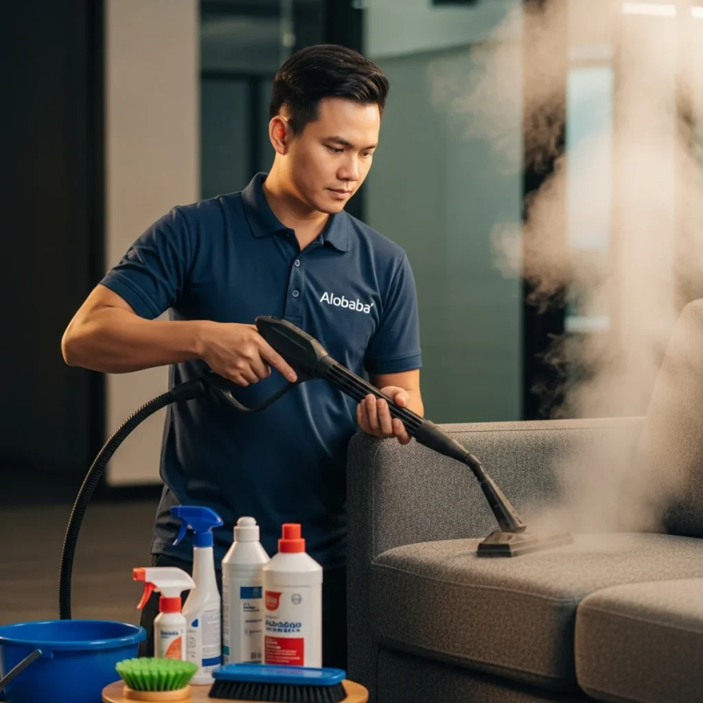 Nhân viên ALOBABA diệt mạt bụi bằng công nghệ hơi nước nóng 140 độ C