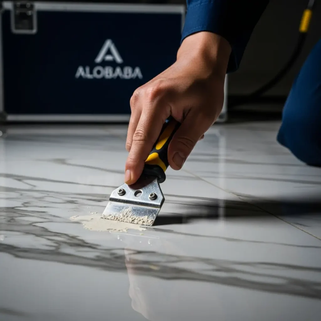 Kỹ thuật viên xử lý vết sơn và keo trên sàn đá marble chuyên nghiệp