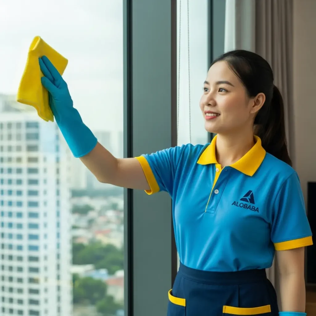 Nhân viên ALOBABA thực hiện vệ sinh cửa kính tại chung cư Ruby Park Phúc Lợi