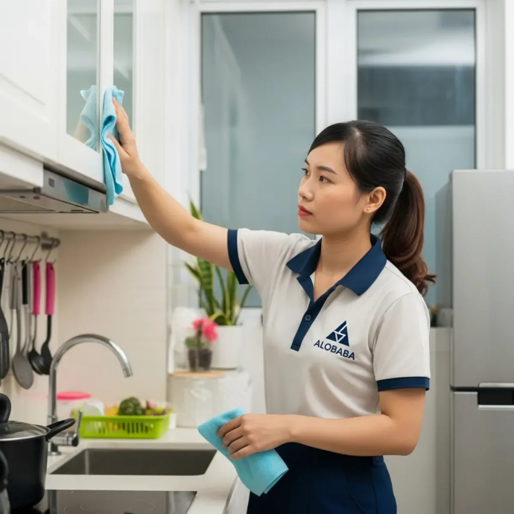 Nhân viên ALOBABA dọn dẹp vệ sinh theo giờ tại căn hộ Đức Giang