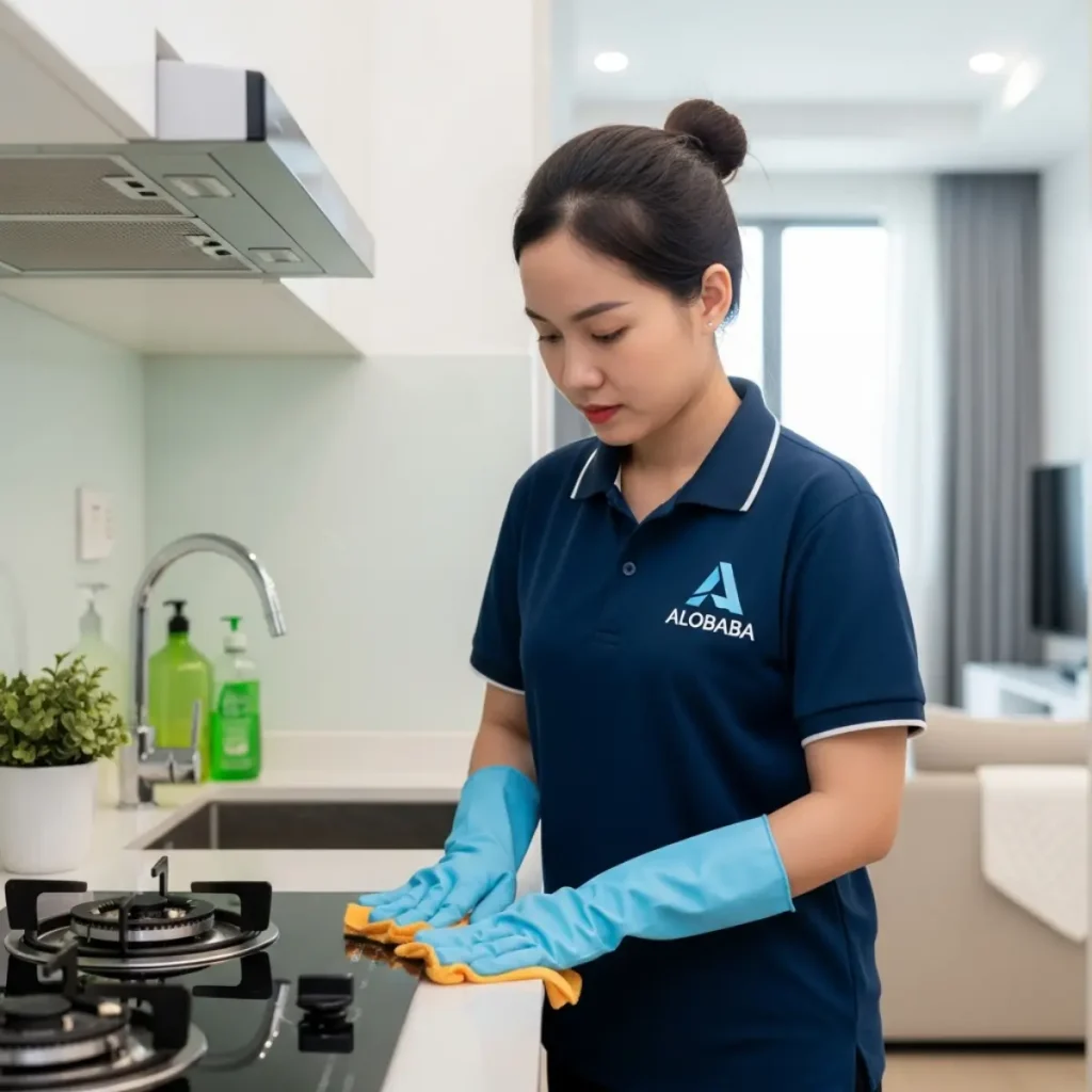 Nhân viên vệ sinh theo giờ của ALOBABA đang lau dọn bếp