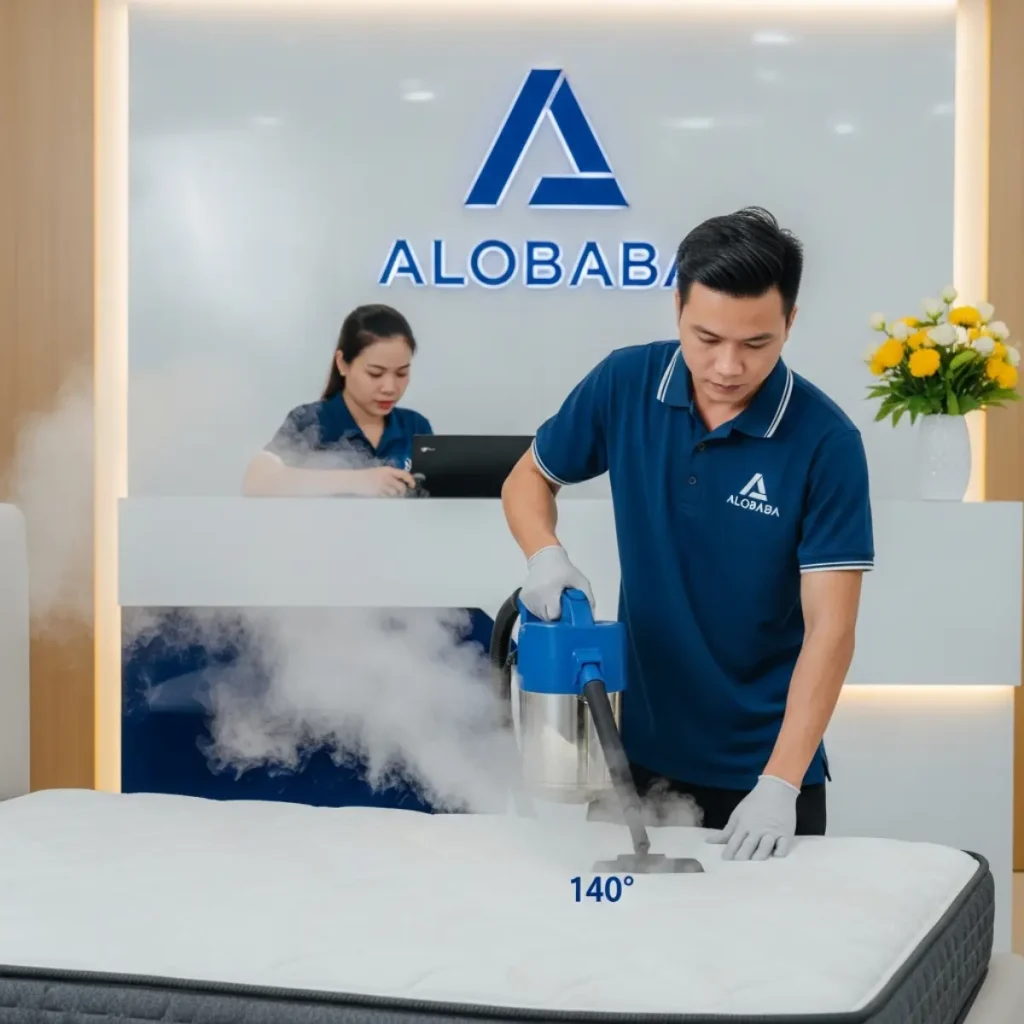 Quy trình giặt nệm diệt mạt bụi bằng hơi nước nóng chuyên sâu của ALOBABA