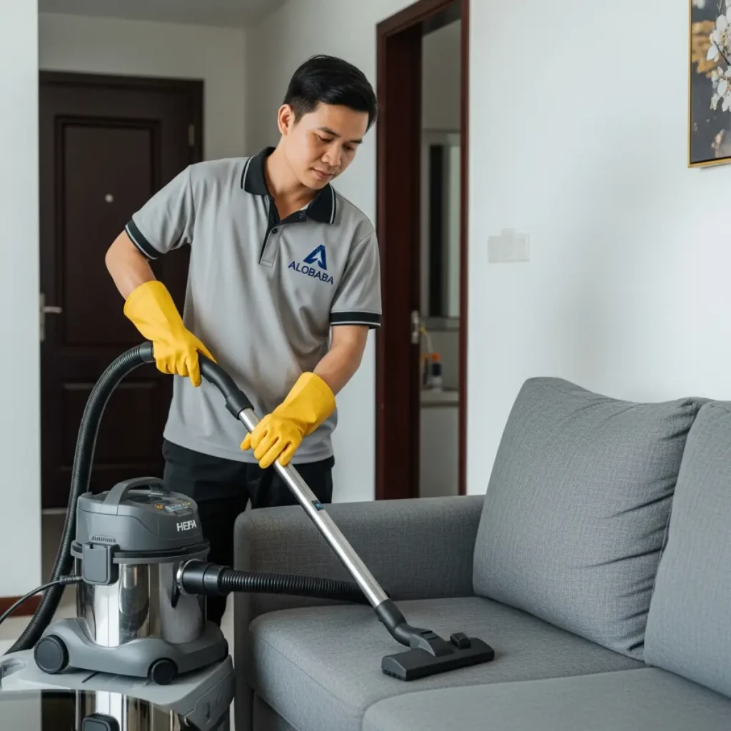 Nhân viên vệ sinh đang giặt sofa diệt khuẩn tại chung cư Le Grand Jardin