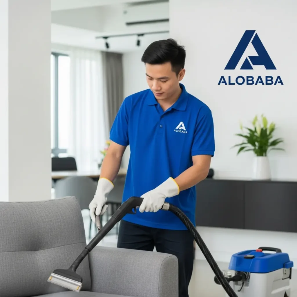 Nhân viên ALOBABA đang giặt sofa vải chuyên sâu cho khách hàng tại Long Biên Hà Nội