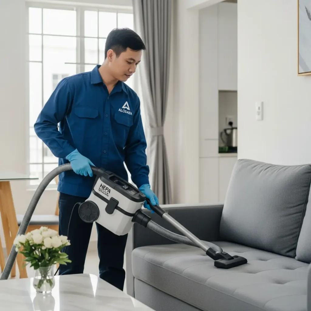 Nhân viên vệ sinh hút bụi mịn HEPA trên sofa tại nhà ở xã hội Đức Giang