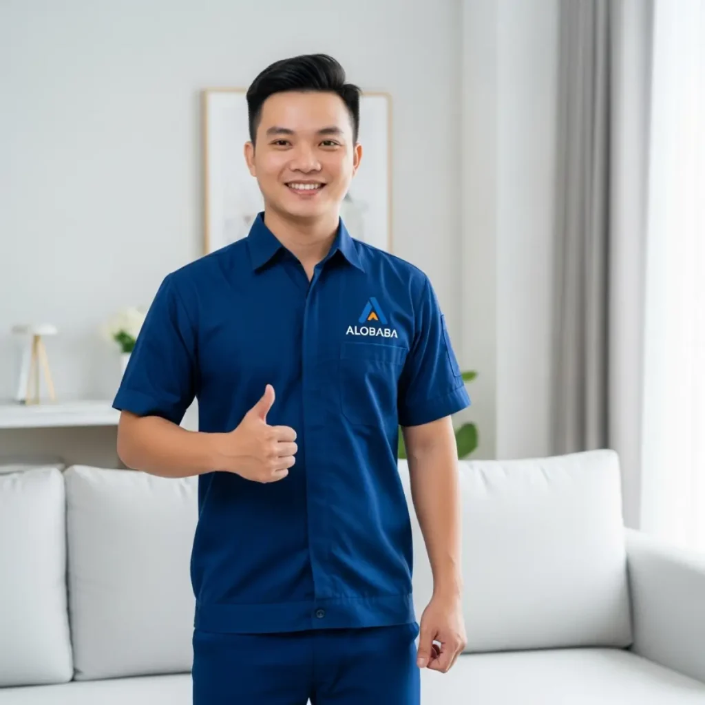 Nhân viên kỹ thuật ALOBABA hoàn thành dịch vụ giặt sofa cho khách hàng