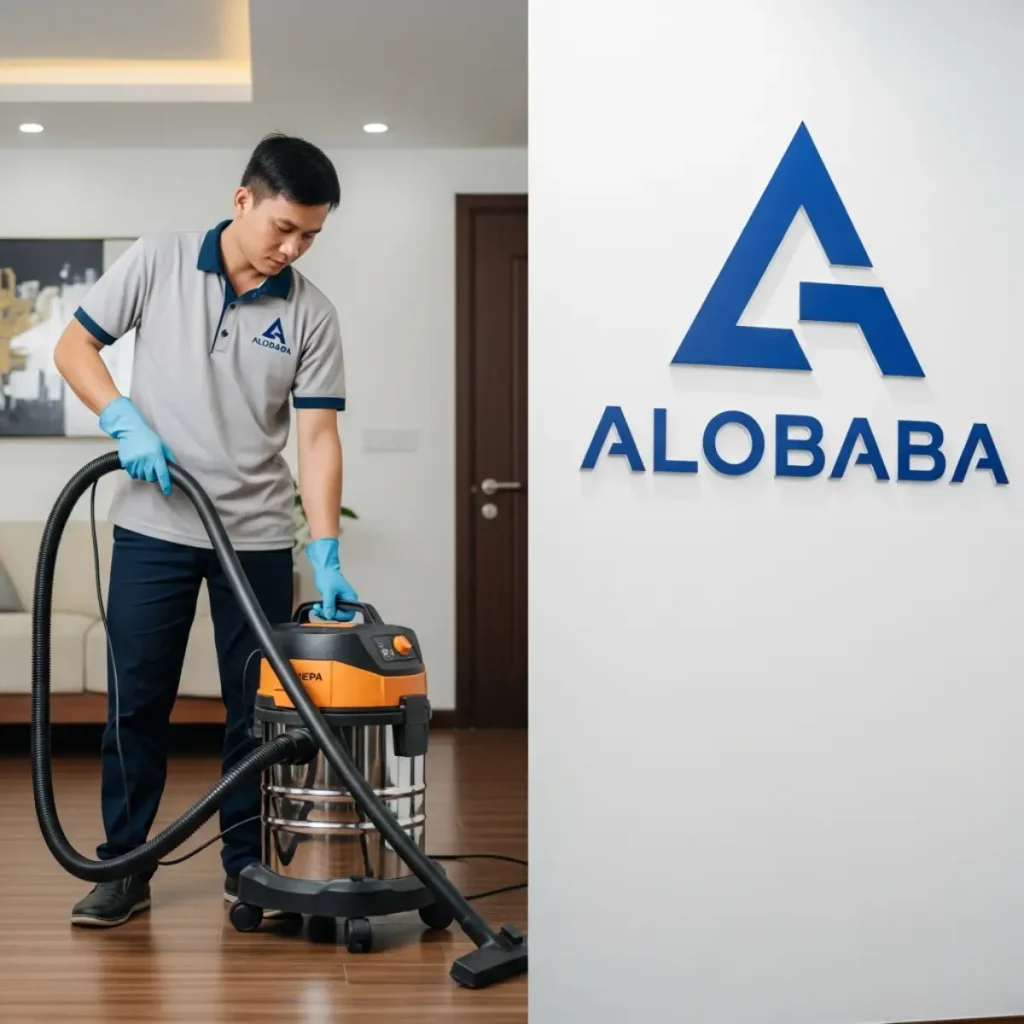 Nhân viên ALOBABA sử dụng máy hút bụi công nghiệp hiện đại