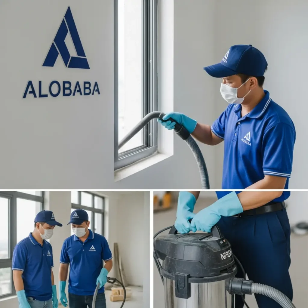 Nhân viên vệ sinh ALOBABA hút bụi mịn sau xây dựng bằng máy HEPA tại Long Biên