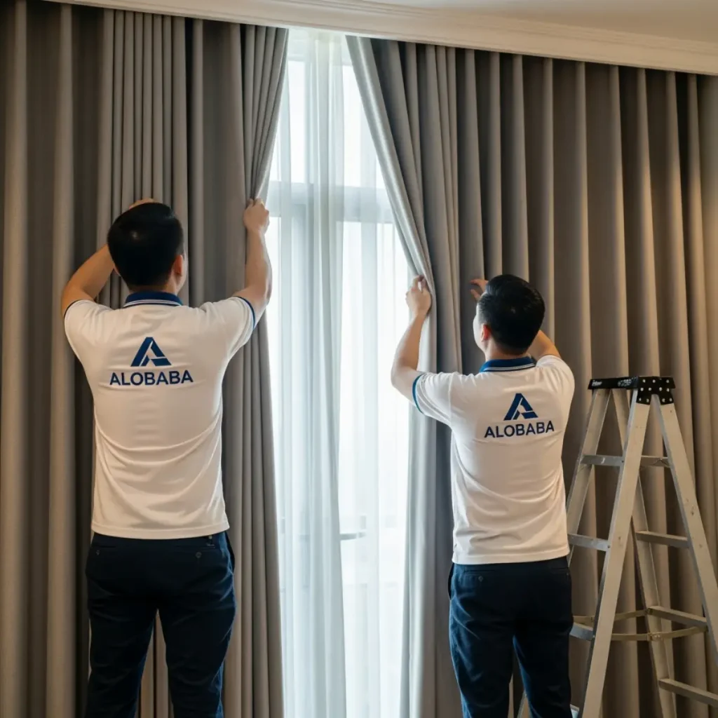 Nhân viên ALOBABA thực hiện tháo rèm cửa để mang đi giặt chuyên sâu