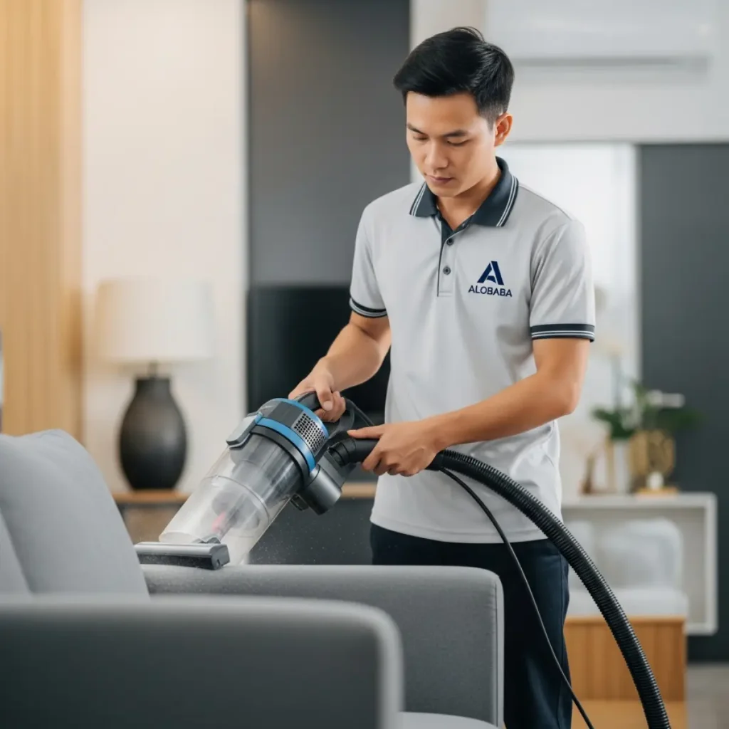 Nhân viên ALOBABA thực hiện quy trình hút bụi mịn bằng máy HEPA tại chung cư Sài Đồng