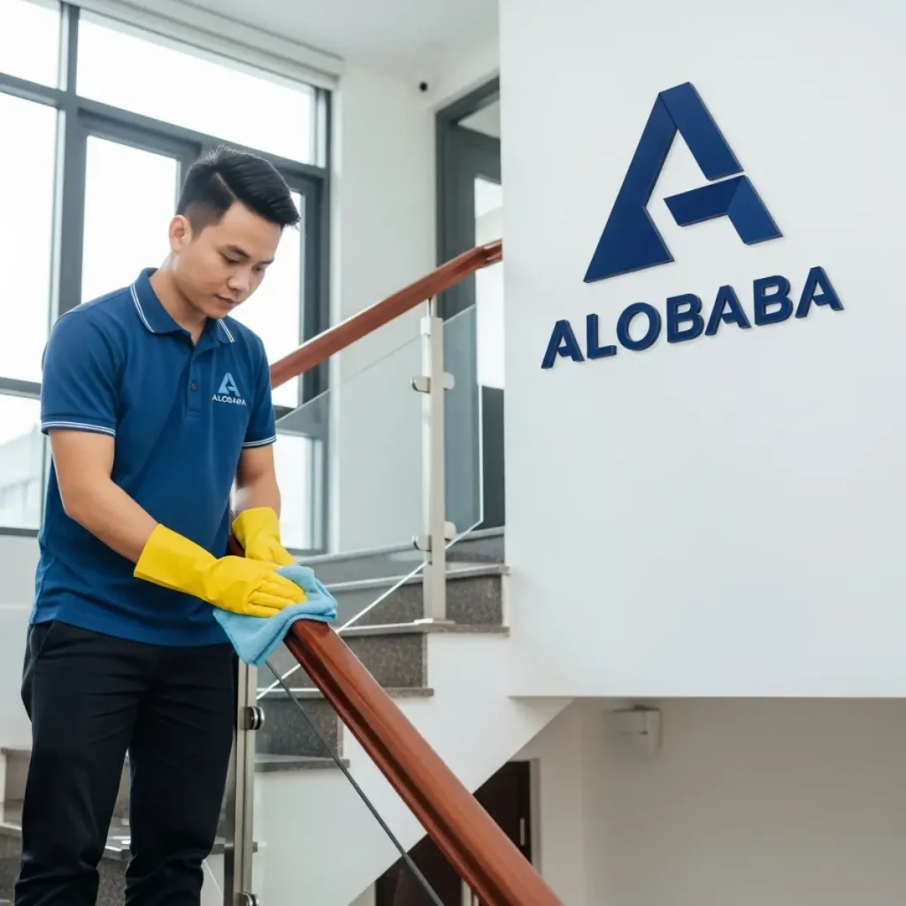 Nhân viên ALOBABA vệ sinh cầu thang và lan can cho nhà phố tại Gia Thụy