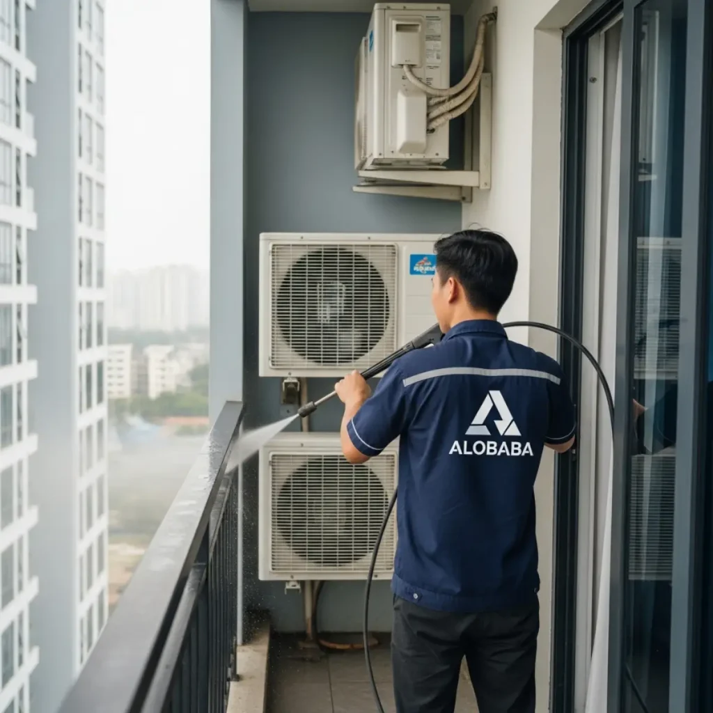 Nhân viên ALOBABA đang vệ sinh cục nóng điều hòa trên ban công chung cư.