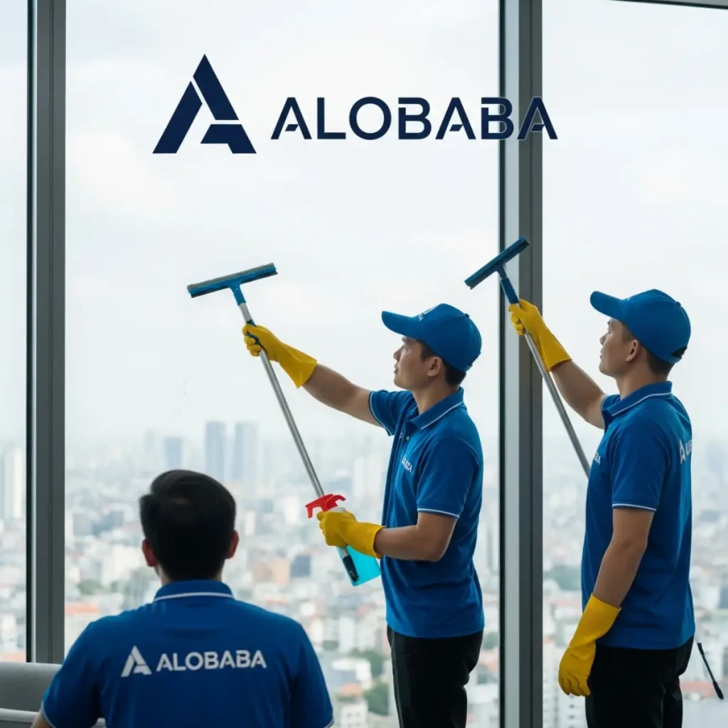 Nhân viên ALOBABA lau kính chuyên nghiệp tại chung cư cao cấp Long Biên