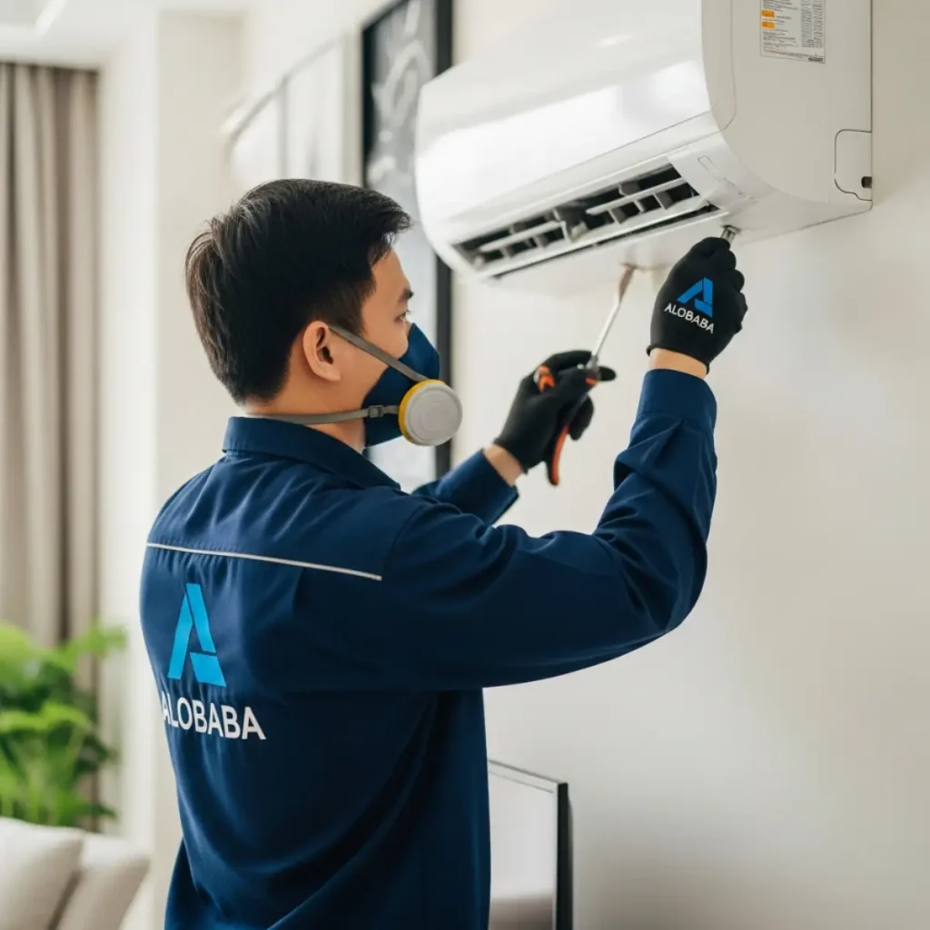 Nhân viên ALOBABA đang vệ sinh máy lạnh tại quận Long Biên Hà Nội