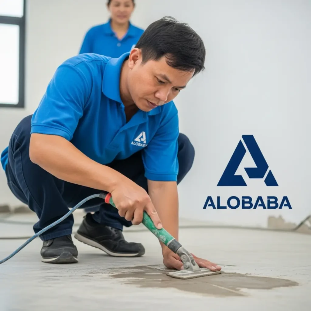Nhân viên vệ sinh xử lý bụi xi măng và sơn thừa sau thi công tại Ngọc Lâm