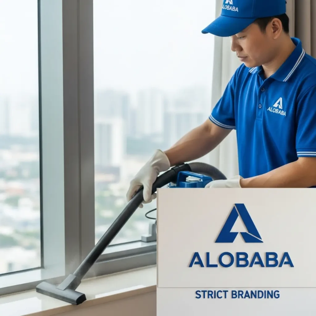 Nhân viên ALOBABA sử dụng máy hút bụi HEPA xử lý bụi mịn tại chung cư Thạch Bàn