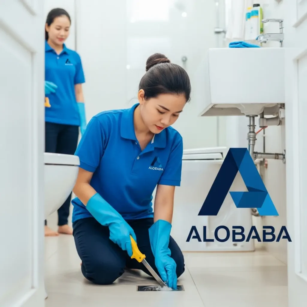 Kỹ thuật viên xử lý mùi hôi và vệ sinh đường thoát sàn tại chung cư Đức Giang