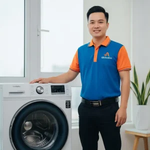 Nhân viên kỹ thuật ALOBABA chuyên nghiệp thực hiện dịch vụ vệ sinh máy giặt tại nhà Long Biên